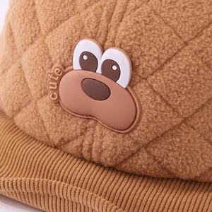 Brown quilted fleece baby baseball cap with cute cartoon puppy ears for autumn and winter