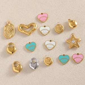 18K gold plated stainless steel heart and smiley pendants with colorful enamel accents