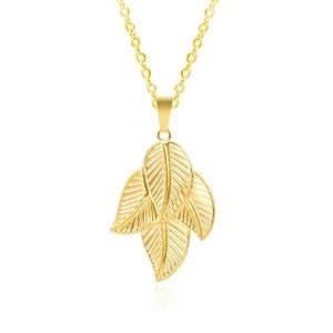 Minimalist 18k gold plated leaf pendant necklace made of stainless steel on white background