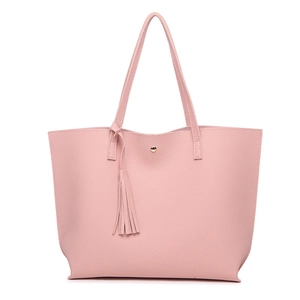Pale pink large tote bag with lychee texture and stylish leather tassel charm