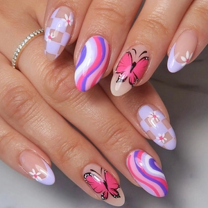 Faux Ongles à Coller Amande Damier Papillon Fleur Rose Violet Dégradé Ensemble de Faux Ongles Mignons pour Femmes Art des Ongles