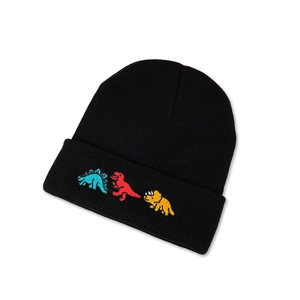 Close-up of black knitted beanie featuring three colorful embroidered cartoon dinosaurs