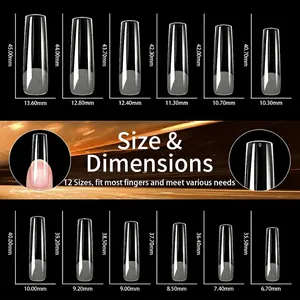 Size chart for 12 dimensions of thin semi-frosted transparent long coffin fake nail tips