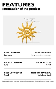 Detailed size specifications for the 18K gold plated sun ring in stainless steel