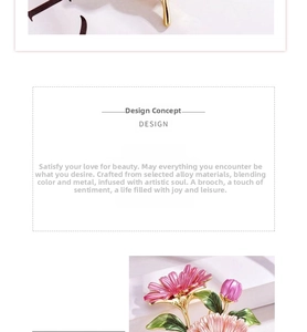 Detail of pink floral brooch with polished alloy material and colorful enamel petals