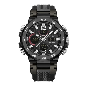 Black dual-display sports watch with silicone strap and 5 BAR water resistance feature