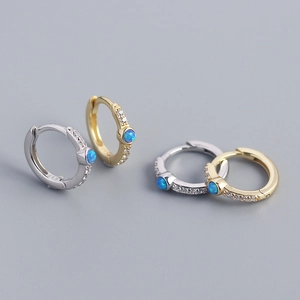925 Sterling Silver Huggie Hoop Earrings With Round Blue Opal And Zircon Geometric Fashion Women Jewelry Accessory