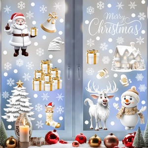 Christmas Window Clings PVC Static Stickers Santa Claus Snowman Reindeer Snowflake Glass Decals For Holiday Party Decoration