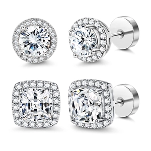 Luxury brass zircon earring set featuring round and cushion-cut studs with screw backs