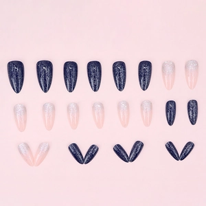 Glittery dark blue and pink almond press-on nails set with sparkling silver sequins