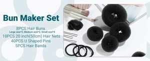 Hair bun maker set with 8 sponge donuts, 10 hair nets, 40 U-pins, and 5 elastic bands