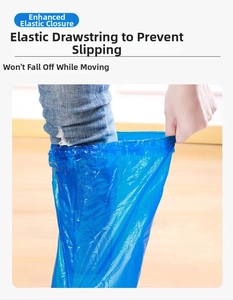 Close-up of blue disposable tall shoe covers with anti-slip texture and elastic closure