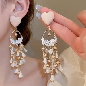 Bohemian Long Tassel Earrings Wood Heart Glass Bead Alloy Vintage Handmade Elegant Jewelry With Silver Earring Post For Women
