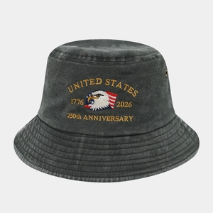 Detail of grey washed cotton bucket hat with 250th anniversary embroidery and metal eyelets