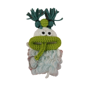 Handmade crochet monster key pouch with big lips and fuzzy body in blue and pink
