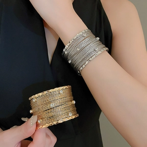 Statement Multi-layer Wired Cuff Bracelet Alloy Rhinestone Inlaid Adjustable Open Bangle Fashion Arm Ring For Women
