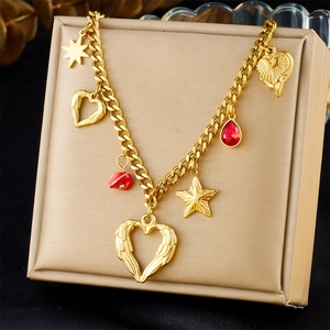 Pendant Necklace Stainless Steel Gold Plated Heart With Wings Star Red Water Drop Gem Multi-Charm Jewelry For Women