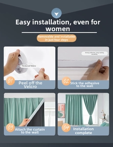 Four-step installation guide for green blackout curtain using adhesive velcro strips
