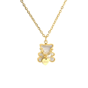Golden bear necklace with white shell inlay and engraved love heart pendant charm