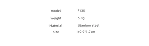 Detailed specifications of titanium steel earrings showing model F135 weight and size