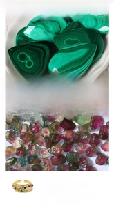 Detailed comparison of malachite and tourmaline raw stones with finished gold rings