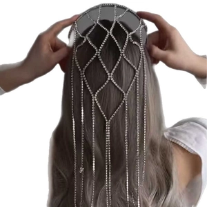 Elegant silver tassel headband with shimmering rhinestones and cascading chain design