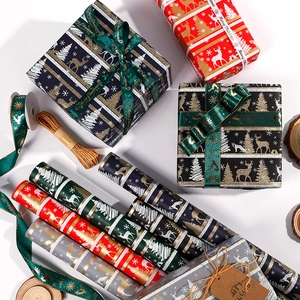 Christmas gift wrapping paper set with festive ribbons and tags in red and green colors