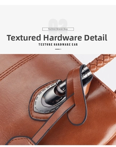 Close-up of brown woven leather handle and high-quality dark metallic hardware details