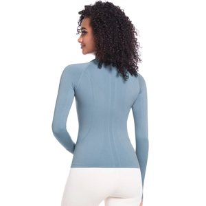 Maglia sportiva a maniche lunghe blu grigio da donna con design ergonomico senza cuciture