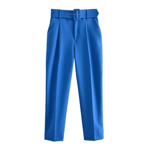 Pantalones de cintura alta azul real de corte ajustado con cinturón a juego