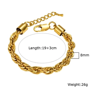 Detail of 8mm golden rope chain bracelet with lobster clasp and extension chain