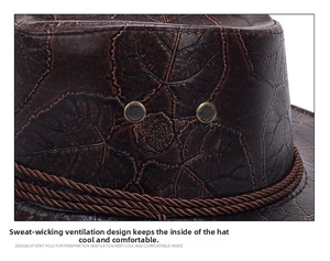 Detail of brown faux leather cowboy hat featuring leaf embossing and metal air vents