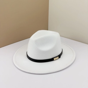 Elegant white wool felt fedora hat featuring a black belt with a gold metal buckle detail