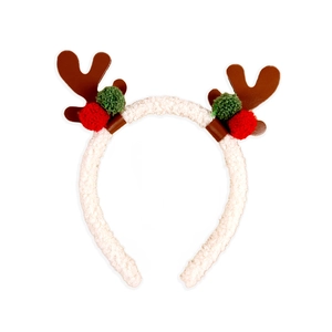 Cute Christmas reindeer antler headband with festive red green pom-poms on white fur