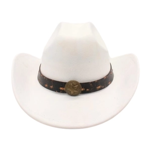 Détail d'un chapeau de cow-boy blanc avec bande brune et emblème d'étoile vintage