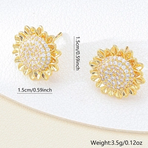 Elegant 1.5cm sunflower stud earrings with cubic zirconia inlay in gold finish