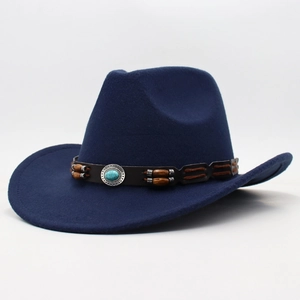 Kids navy wool felt cowboy hat with turquoise western leather band on white background