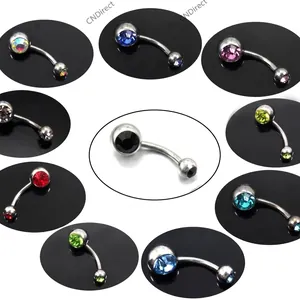 Set of colorful stainless steel belly rings with sparkling round rhinestone crystal balls
