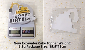 Detailed view of yellow excavator cake topper with Happy Birthday sign for party decoration