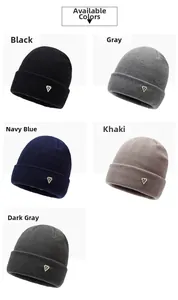 Detail view of winter knitted beanies in black, gray, navy, khaki and dark grey colors