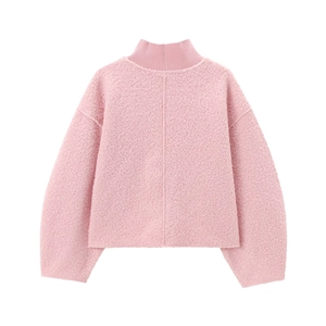 Pink high neck long sleeve plush pullover sweater with soft textured knit for women