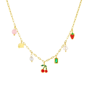 Gold stainless steel necklace with cherry, strawberry and pearl charms on white backdrop