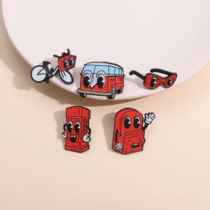 Creative red cartoon telephone booth bus and bicycle enamel pins on a white tray
