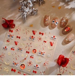 Detail of New Year nail stickers featuring 3D embossed lion dance and bowknot designs