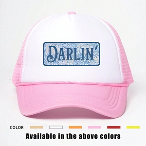 Classic pink and white trucker hat featuring DARLIN' print and mesh back design
