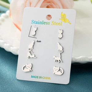 Minimalist stainless steel asymmetric cat stud earring set with silver finish and 10mm size