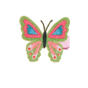 Detail of butterfly hair clip with colorful glitter finish and pink ribbon-wrapped duckbill clip