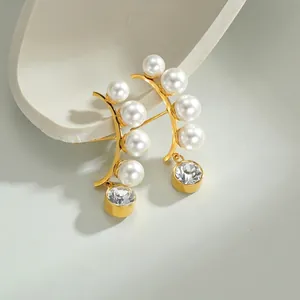 French Baroque Style Artificial Pearl Hoop Earrings Stainless Steel 18K Gold Plated Elegant Clear Zirconia Drop Jewelry For Women