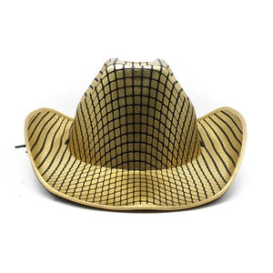 Detail of western cowboy hat with golden metallic finish and black grid pattern