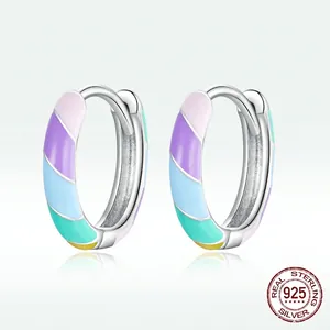Elegant S925 sterling silver hoop earrings featuring colorful rainbow enamel patterns